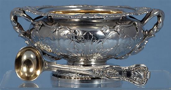 A heavy early Victorian two handled silver master table salt, by John Tapley, dia 135mm, weight 12.1oz/378grms.